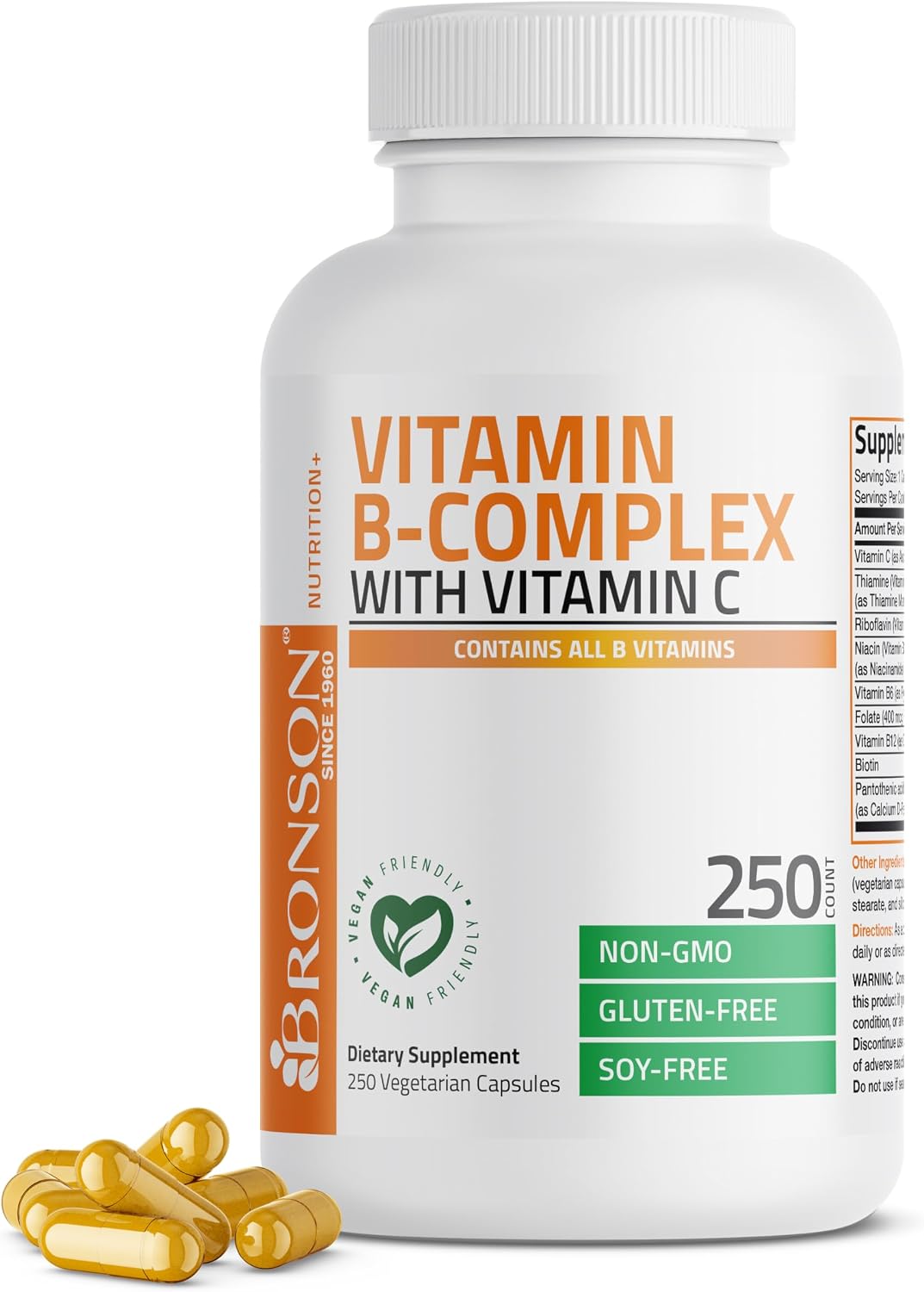 Bronson Vitamin B Complex with Vitamin C - 250 Vegetarian Capsules - görsel 1