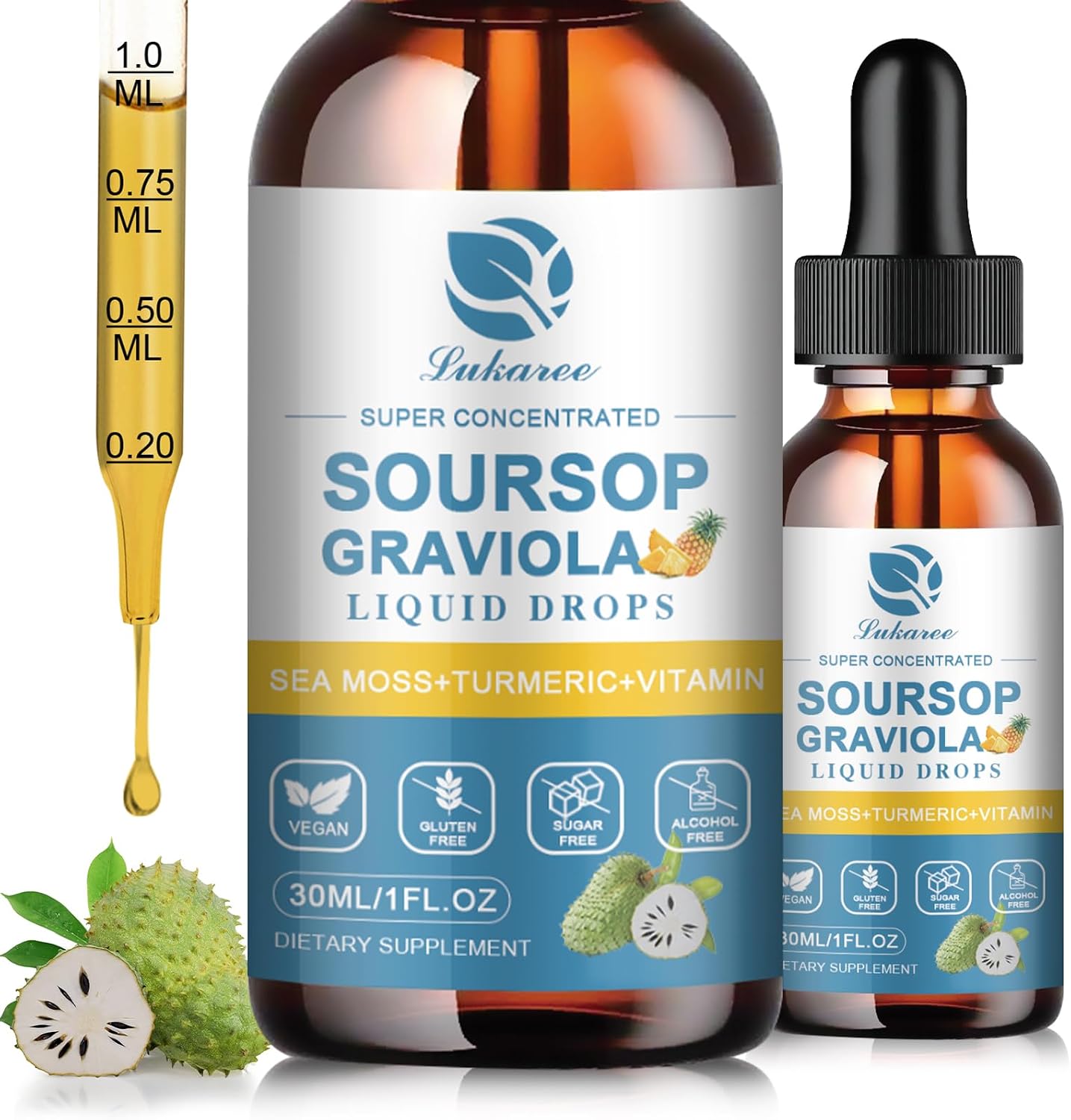 (2 Pack) Soursop Graviola Leaf Extract Liquid Drop Plus Pure Botanical Sea Moss for Cell Support & Regeneration, Immunity and Gut Health, Soursop Bitters Liquid – Full Texture, Pineapple Flavour, 30 ml - görsel 1