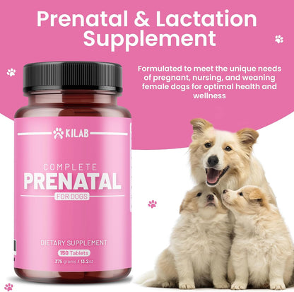 Kilab Complete Prenatal Vitamins for Dogs – 150 Tablets with Iron, Choline, Zinc, DHA and Probiotics