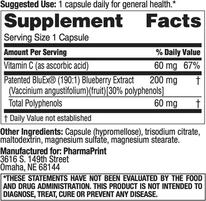 PharmaPrint BlueX - 190:1 Blueberry Extract Food Supplement, 30 Capsules