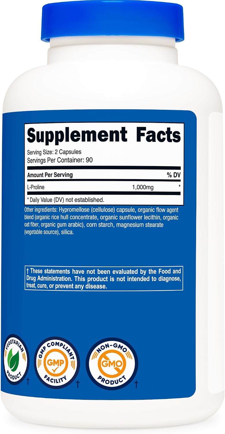 Nutricost L-Proline 1000mg, 180 Capsules (90 Servings) - 500mg Per Cap, Non-GMO, Gluten-free - görsel 5