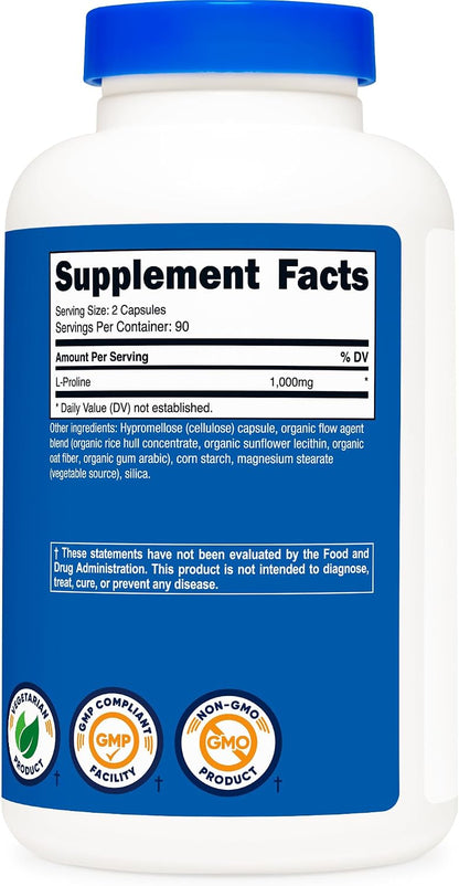 Nutricost L-Proline 1000mg, 180 Capsules (90 Servings) - 500mg Per Cap, Non-GMO, Gluten-free
