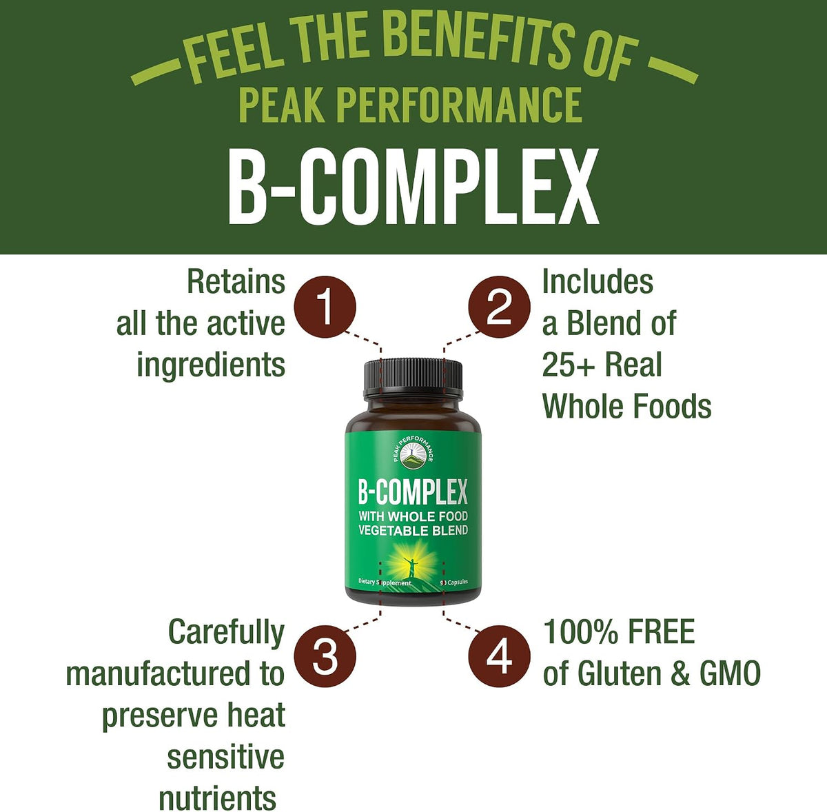 Peak Performance Vitamin B Complex – Whole Food Blend with 25 Fruits and Vegetables, 90 Capsules - görsel 2