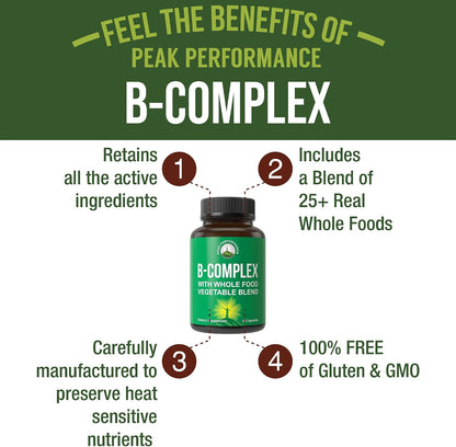 Peak Performance Vitamin B Complex – Whole Food Blend with 25 Fruits and Vegetables, 90 Capsules