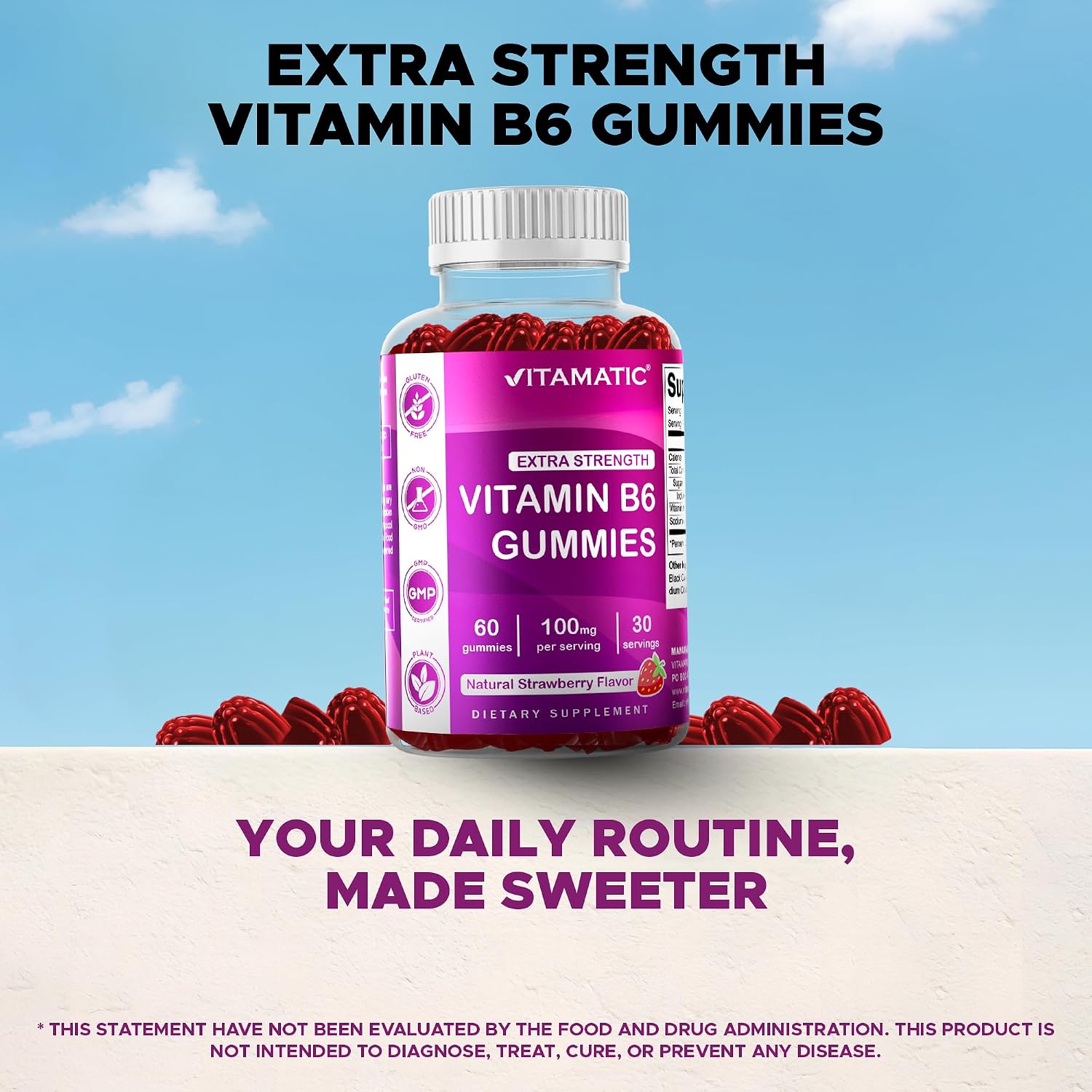 Vitamatic Vitamin B6 100mg Gummies – Natural Strawberry Flavour – 2 Pack (60 Gummies per Bottle) - görsel 6