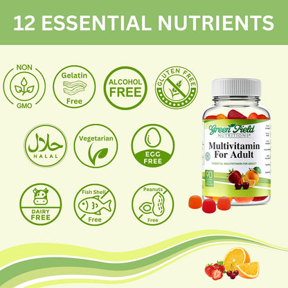Greenfield Nutritions Halal Multivitamin Gummies for Adults – Gelatine-Free with Vitamin D3, B6, B12, Zinc & C (90 Gummies)