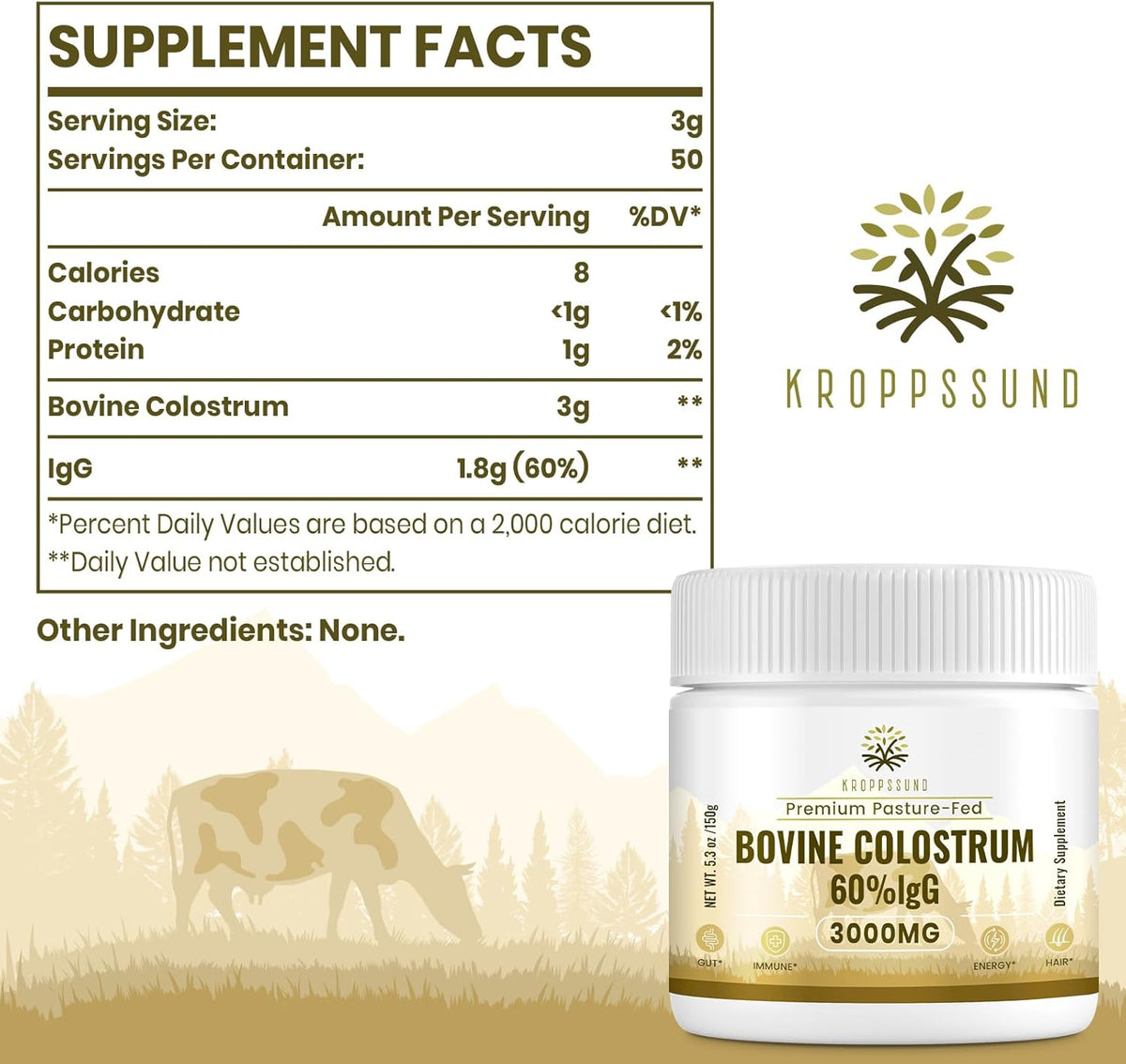 Kroppssund Bovine Colostrum Powder - 65% IgG, 3000mg, Grass-Fed (50 Servings) - görsel 6