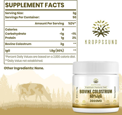 Kroppssund Bovine Colostrum Powder - 65% IgG, 3000mg, Grass-Fed (50 Servings)