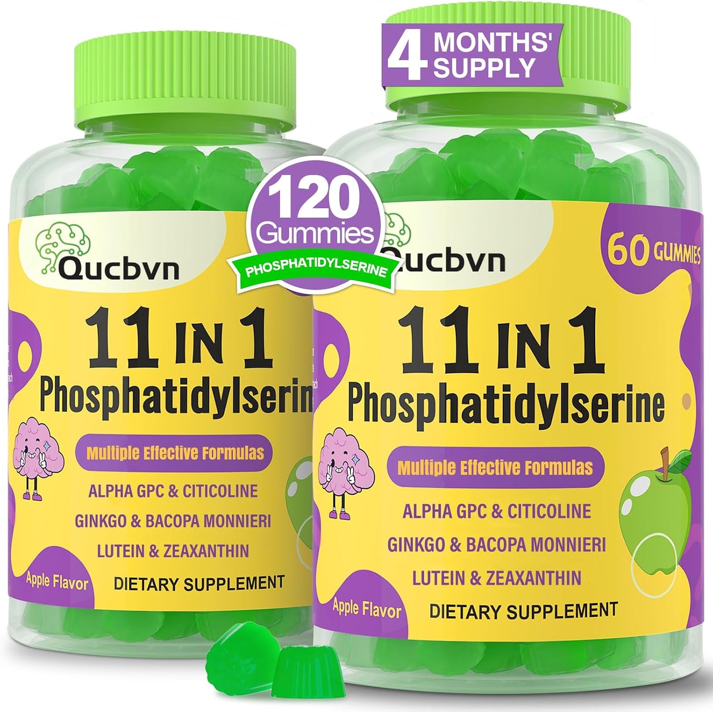 Qucbvn Phosphatidylserine Gummies - Brain Supplement for Memory, Focus and Concentration with Alpha GPC, B6 & B12 - 120 Gummies - görsel 1