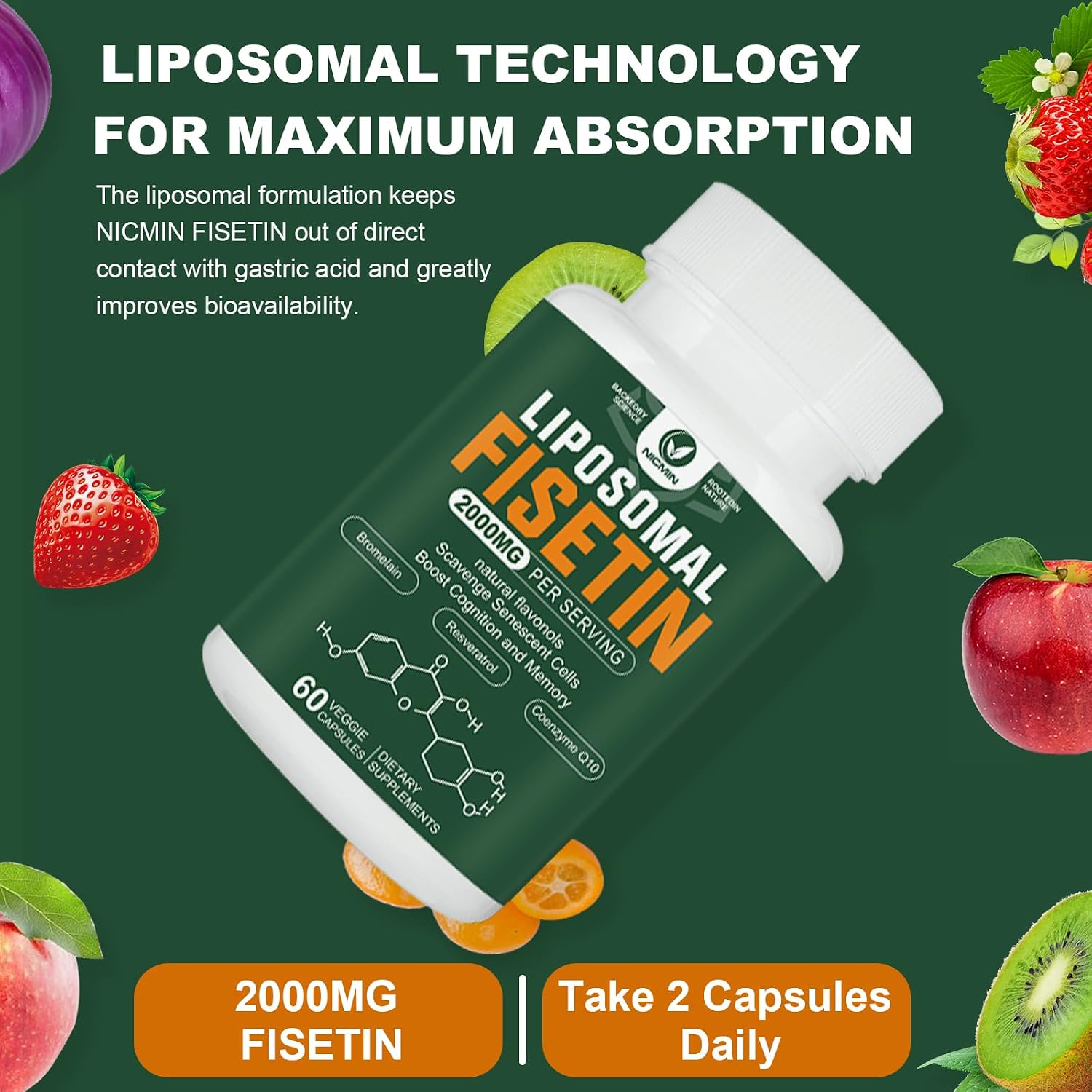 Liposomal Fisetin Supplement – 2000mg | 98% Pure | with Quercetin, TMG & Resveratrol | 180 Capsules - görsel 5