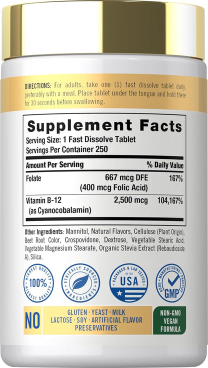 Carlyle Vitamin B12 Sublingual 2500mcg - 250 Fast-Dissolve Tablets - Cyanocobalamin with Folic Acid, Natural Berry Flavour