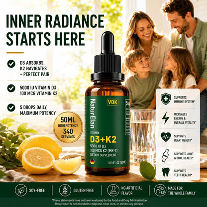 NaturElan Vitamin D3 5000 IU & K2 Drops with MCT Oil - 5000 IU Vitamin D3 + 100 mcg K2 (MK-7), 50 ml, Supports Bone, Immune, Heart & Teeth Health, Third-Party Tested, Vegan, Non-GMO, Gluten-free