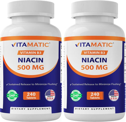 Vitamatic Niacin (Vitamin B3) 500mg, 240 Tablets - Sustained Release, Non-GMO & Gluten-free