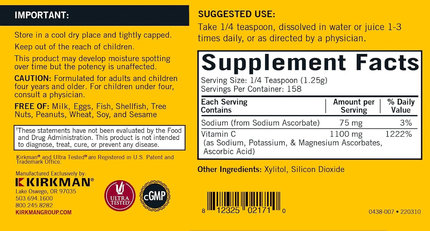 Kirkman Buffered Vitamin C Powder - Bio-Max Series - Unflavoured, Hypoallergenic, 7 oz - görsel 2
