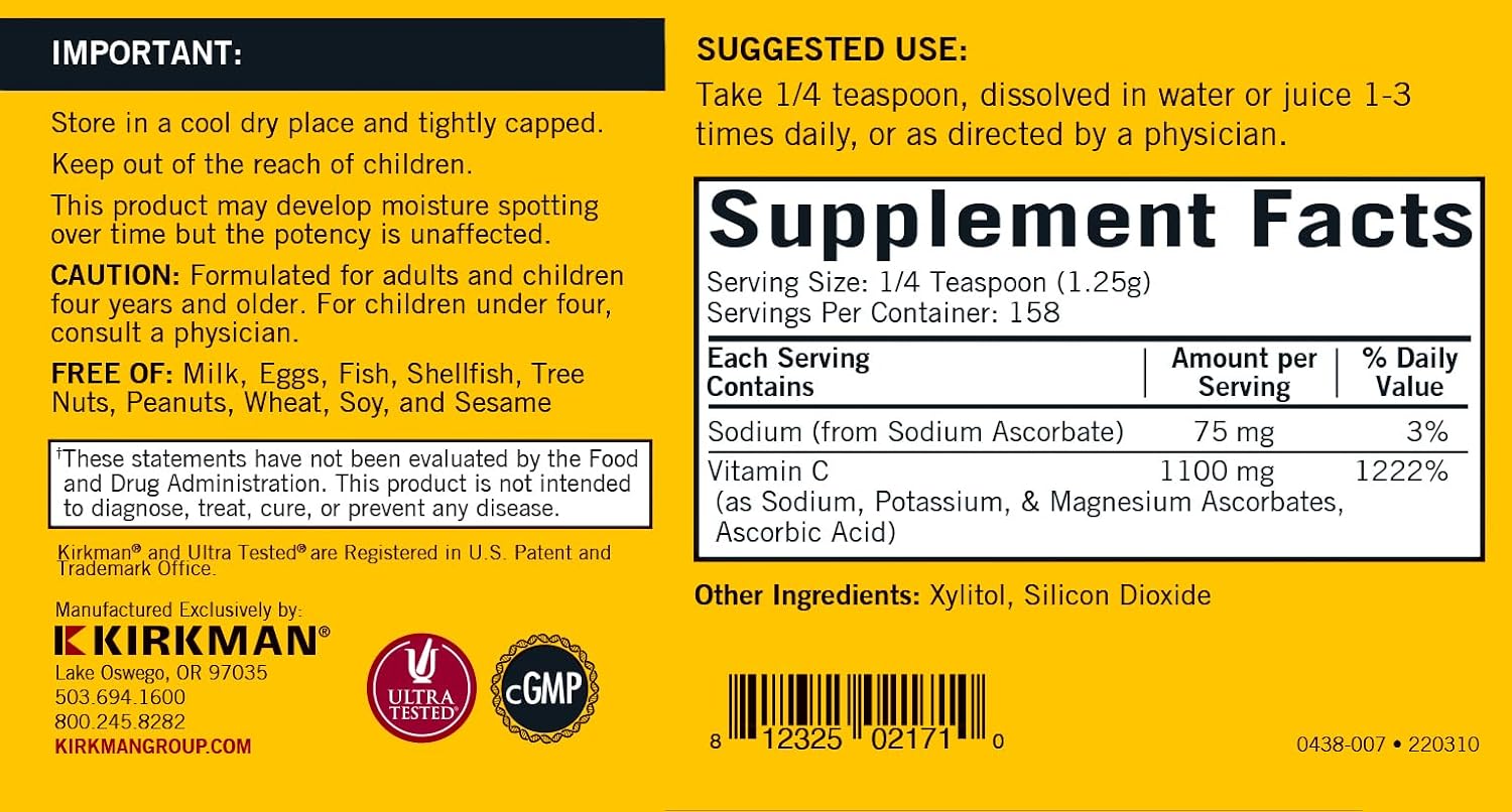 Kirkman Buffered Vitamin C Powder - Bio-Max Series - Unflavoured, Hypoallergenic, 7 oz - görsel 2