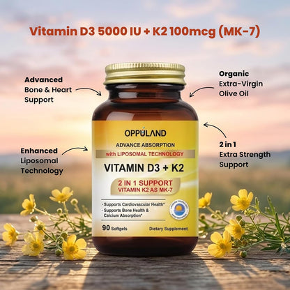 Oppuland Vitamin D3 + K2 5000 IU with Liposomal Technology - MK-7 100µg - 90 Softgels