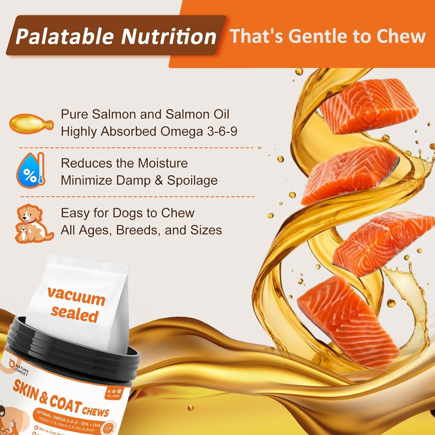 NATURE TARGET Omega-3 Fish Oil for Dogs, Salmon Flavour - 120 Soft Chews with EPA, DHA, Zinc, Biotin, Vitamin E and C - görsel 6