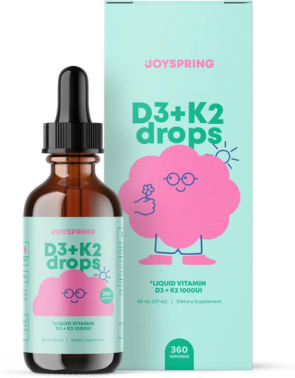 JoySpring Vitamin D3 Kids Drops with K2 – Liquid Supplement for Calcium Absorption & Joint Health – 360 Doses (60 ml)