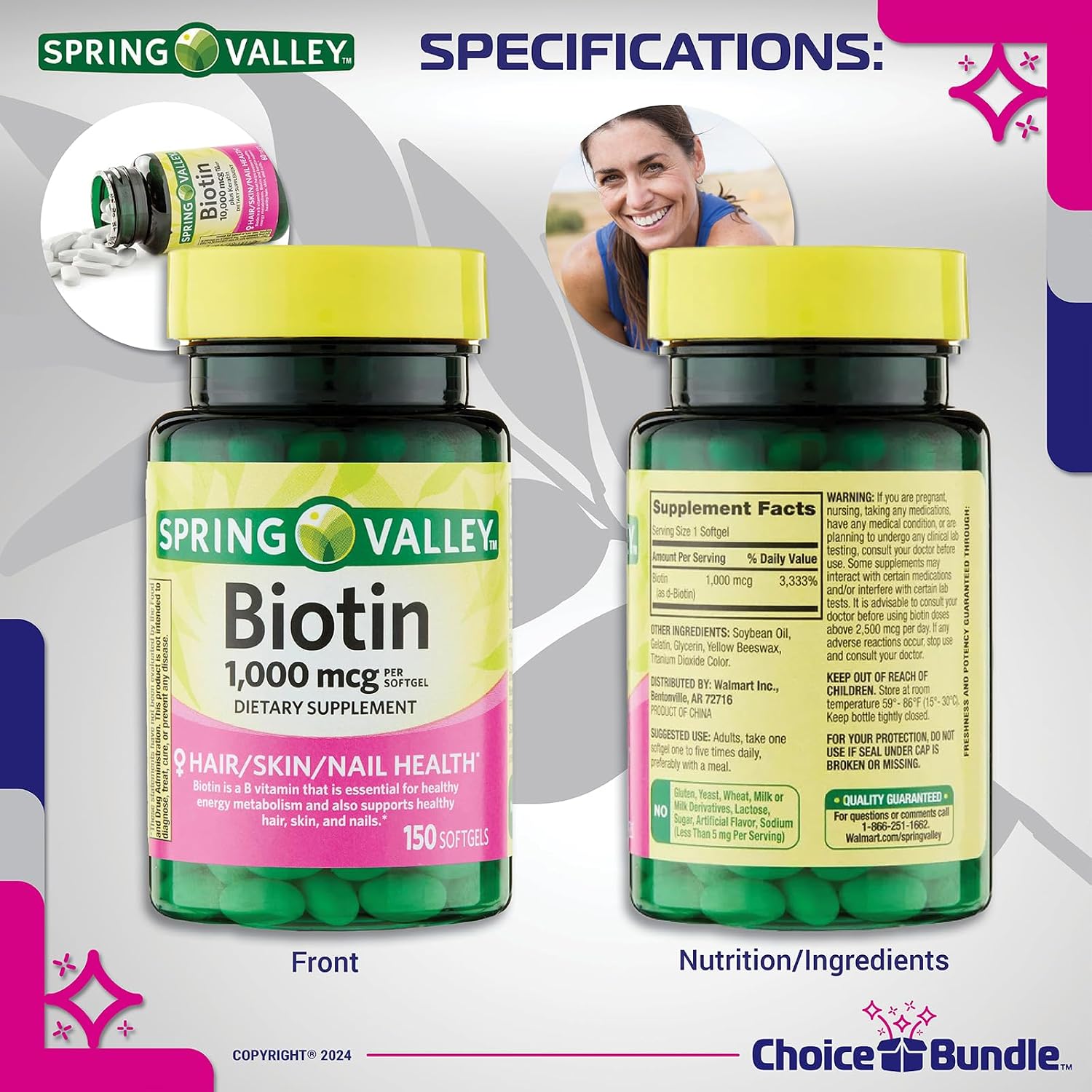 Spring Valley Biotin Soft gel capsules 1000mcg - 4 Bottles (600 Soft gel capsules) with Vitamin Guide and Pill Container - görsel 3
