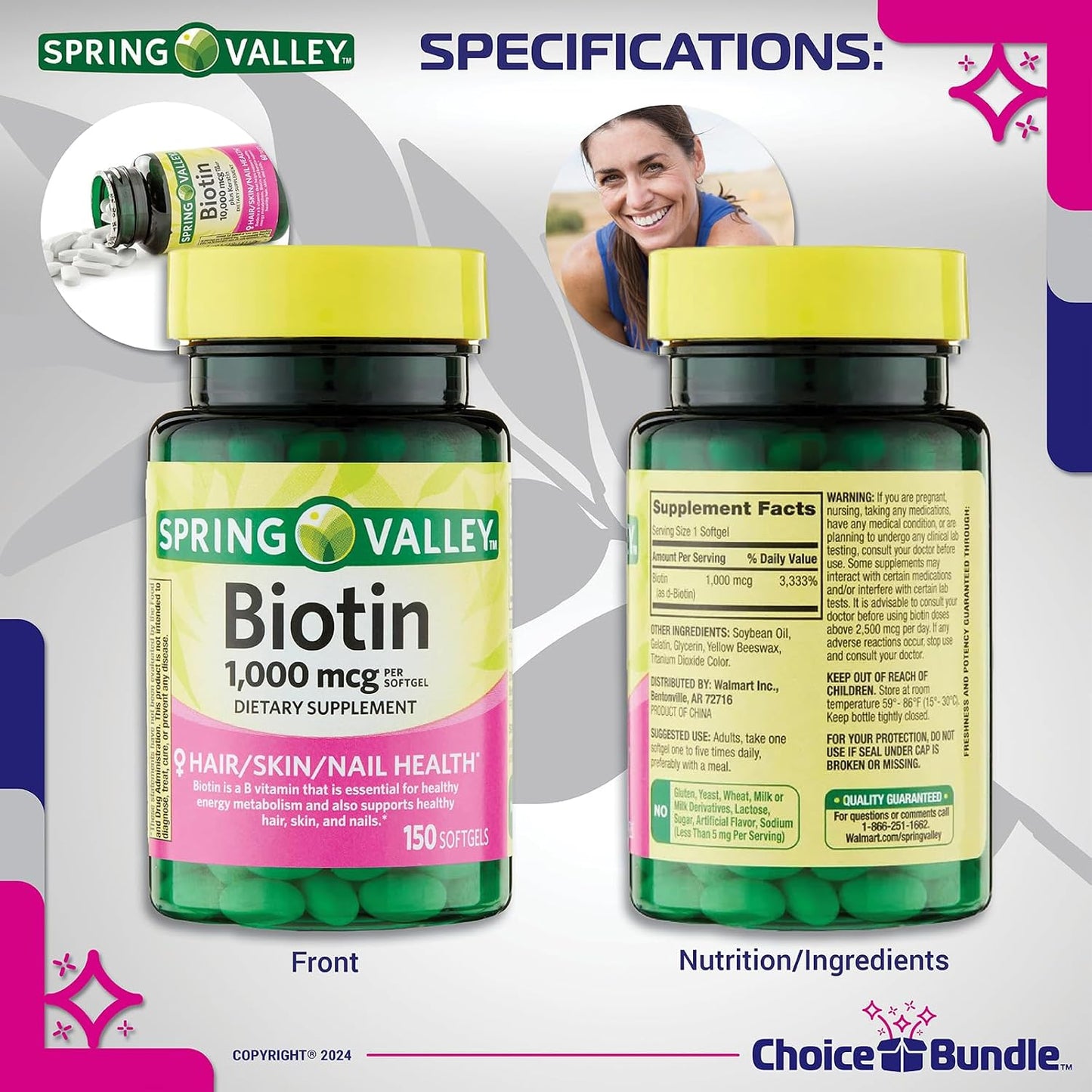 Spring Valley Biotin Soft gel capsules 1000mcg – 2 Pack (300 Soft gel capsules) + Bonus Vitamin Guide and Pill Container - görsel 3