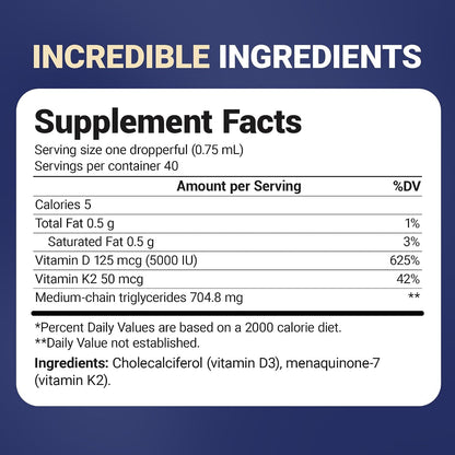 Dr. Berg Maximum Strength Vitamin D3 K2 Liquid Drops with MCT Oil - 5,000 IU D3 + 50 mcg K2 MK-7 - Unflavoured, 30 ml
