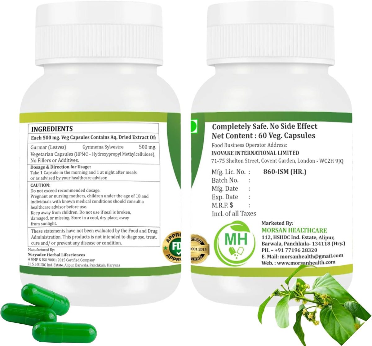 Morsan's Gudmar Extract (Gurmar) Capsules, Pack of 2 × 60 × 500 mg Veg. Capsules - görsel 2