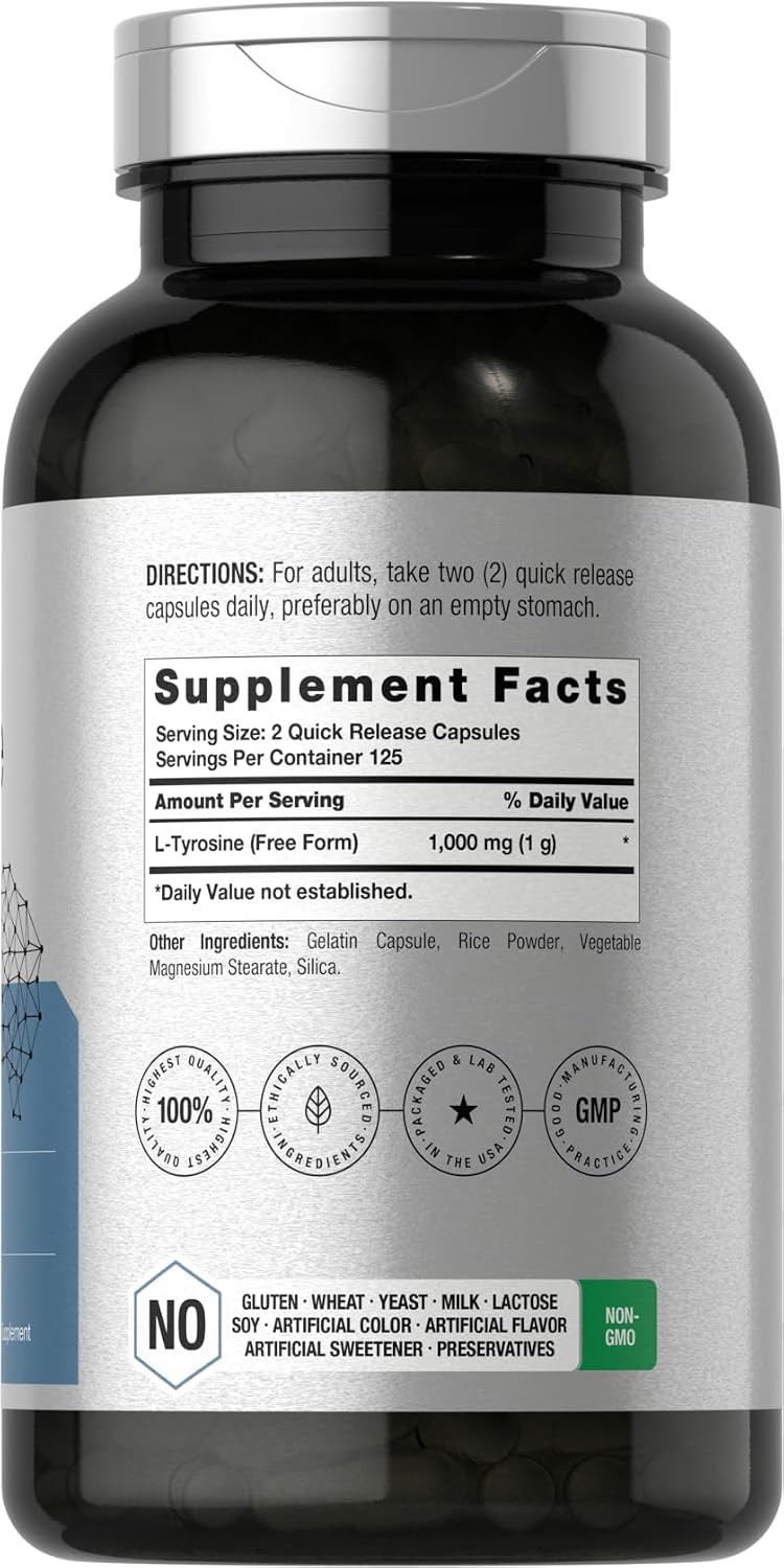 Horbäach L-Tyrosine 1000mg, 250 Capsules - Amino Acid Supplement, Non-GMO & Gluten-free - görsel 2
