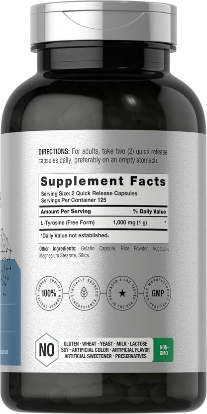 Horbäach L-Tyrosine 1000mg, 250 Capsules - Amino Acid Supplement, Non-GMO & Gluten-free