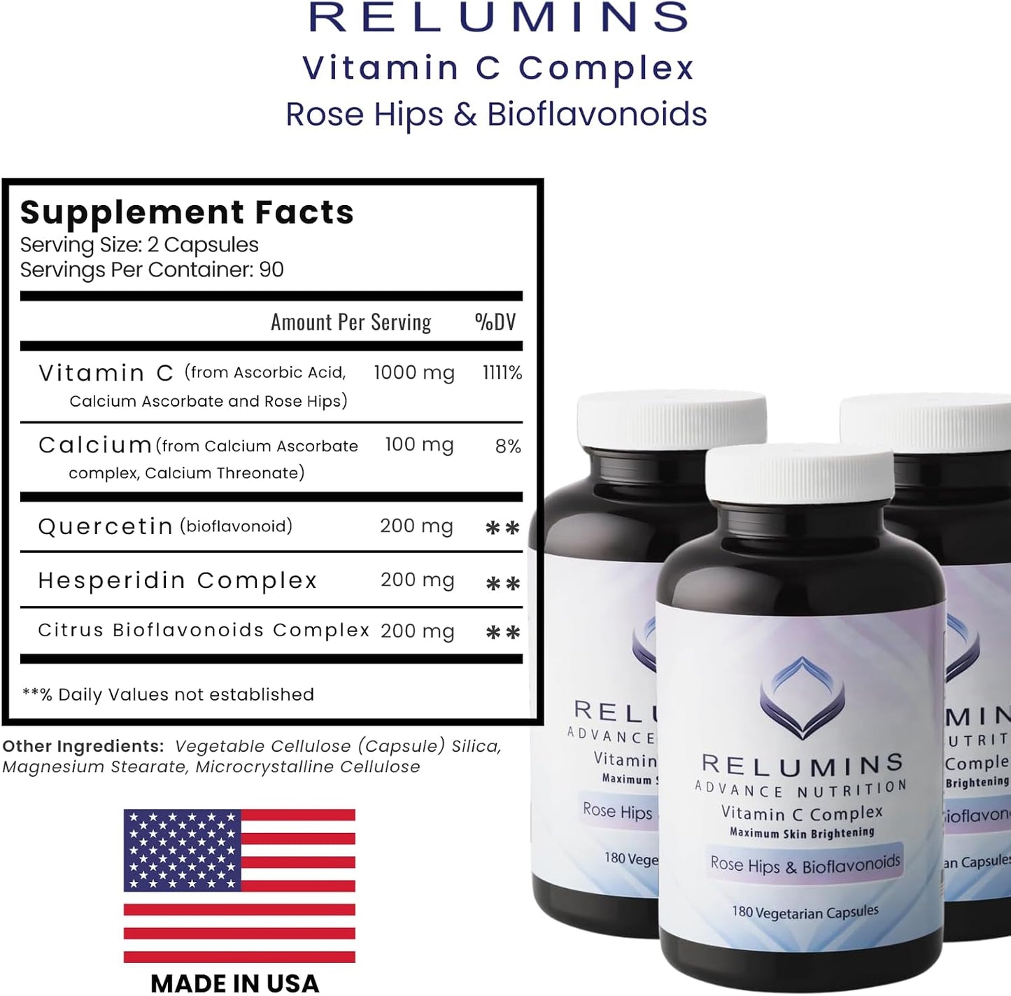 Relumins Advanced Vitamin C Supplement with Rose Hips - 1000mg, 180 Capsules x 3 Bottles (9-Month Supply) - görsel 8