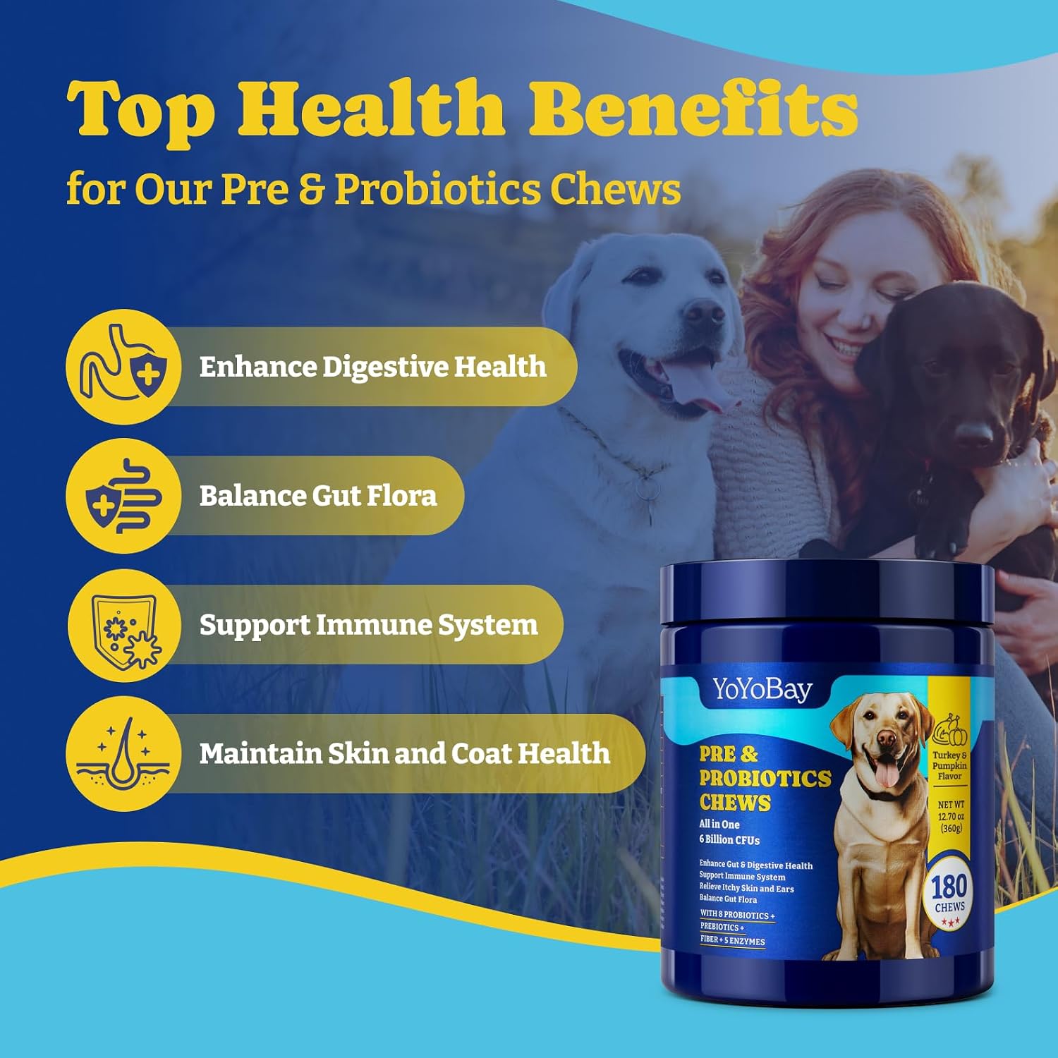 YoYoBay Probiotics for Dogs - 6 Billion CFUs with Prebiotics & Digestive Enzymes - Turkey & Pumpkin, 180 Soft Chews - görsel 5