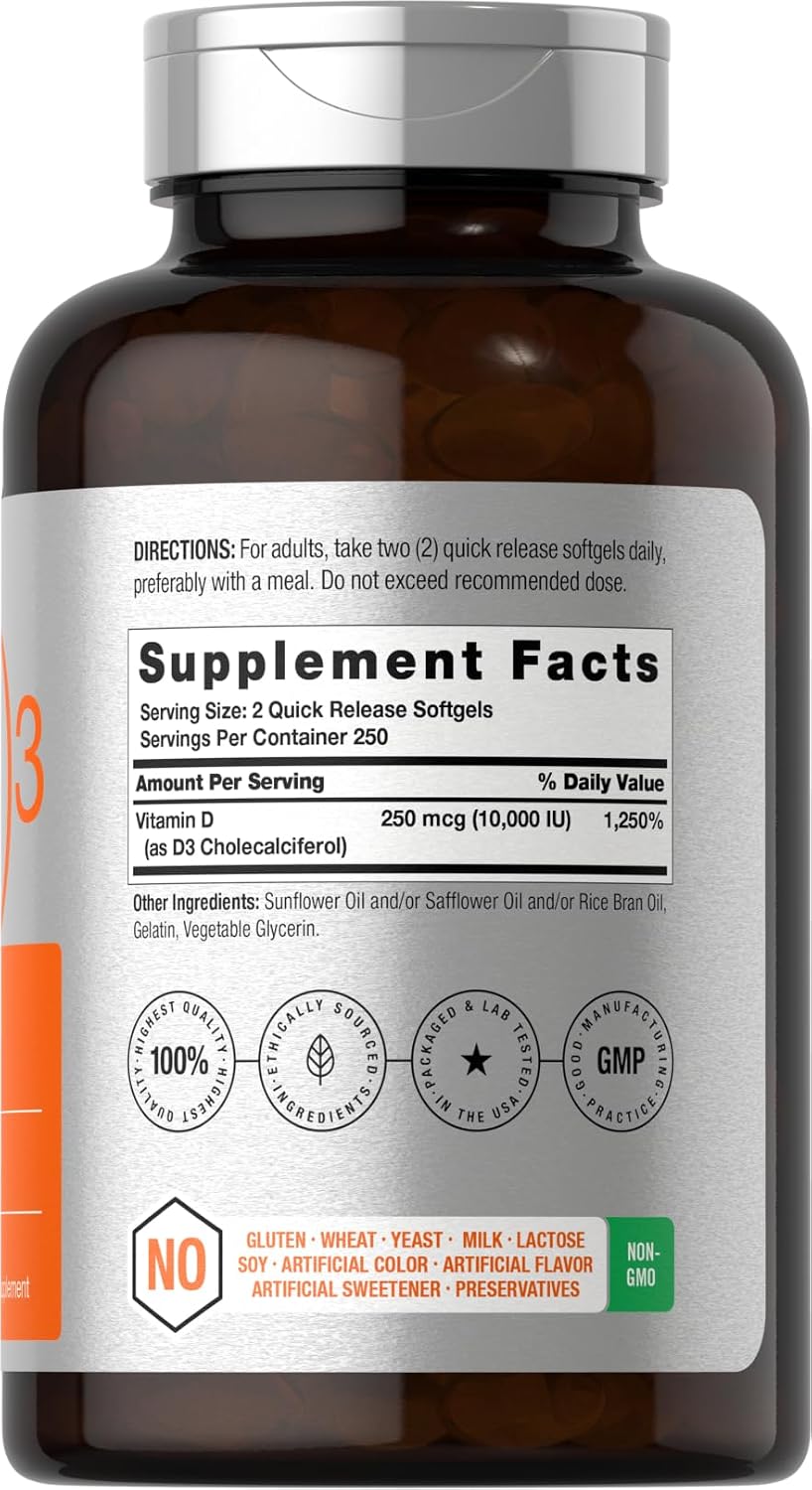 Horbäach Vitamin D3 10,000 IU (250 mcg) – 500 Softgels, Non-GMO, Gluten-free High Potency Supplement - görsel 2