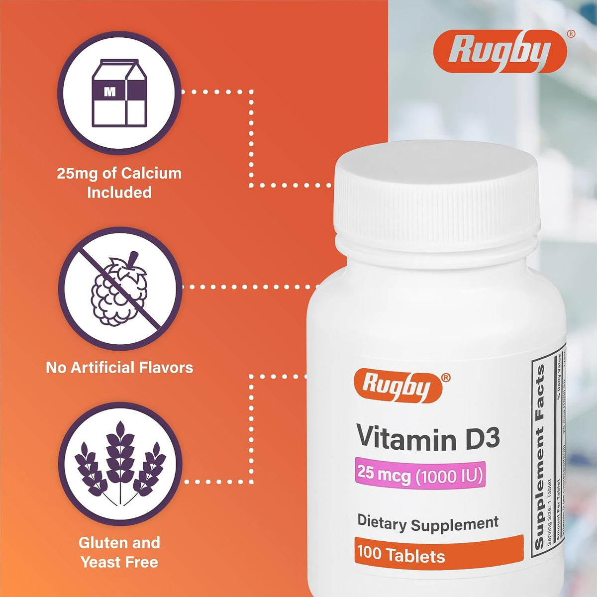 Rugby Vitamin D3, 25 micrograms (1,000 IU) - Food Supplement - 100 Tablets - görsel 3