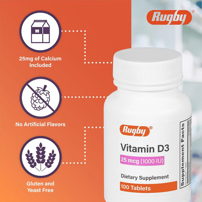 Rugby Vitamin D3, 25 micrograms (1,000 IU) - Food Supplement - 100 Tablets