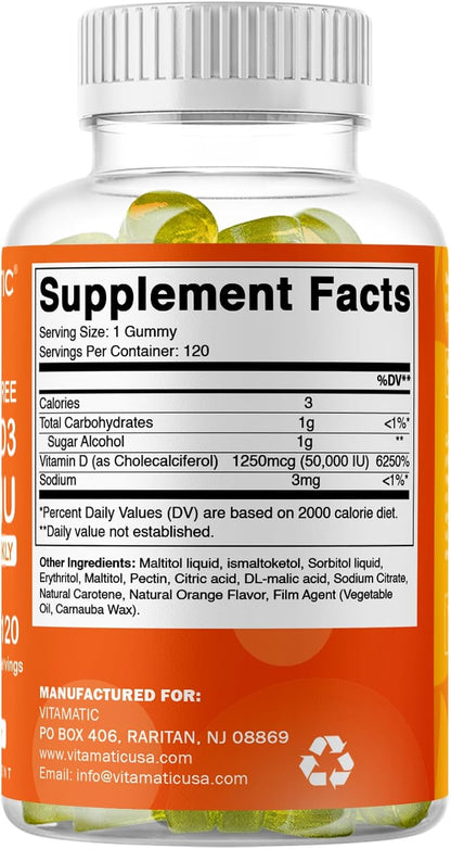 Vitamatic Sugar Free Vitamin D3 50,000 IU Weekly Supplement - 120 Pectin Based Gummies