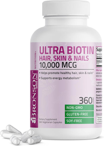 Bronson Ultra Biotin 10,000 mcg - Hair, Skin and Nails Food Supplement, 360 Vegetarian Capsules