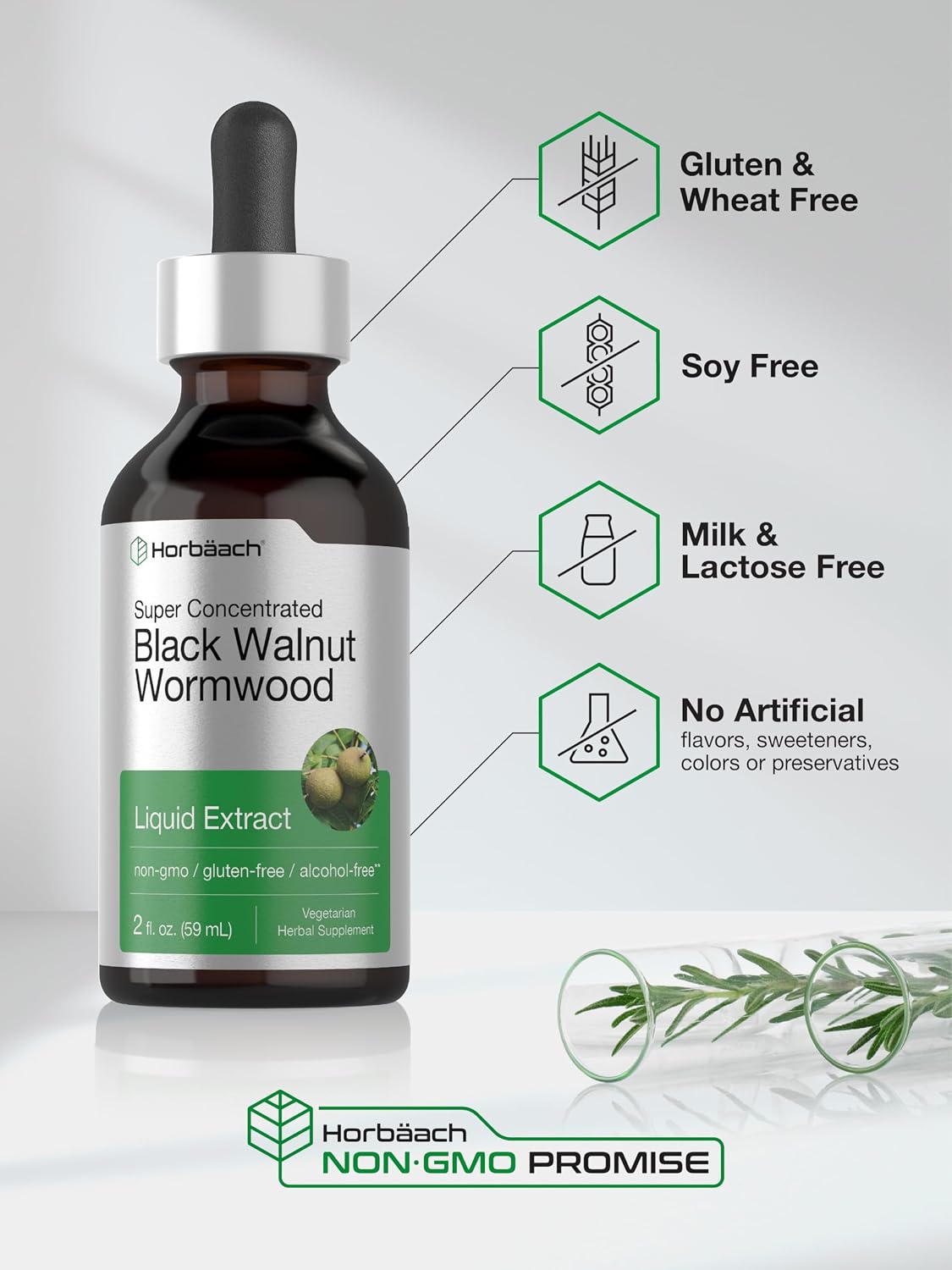 Horbäach Black Walnut Hull & Wormwood Extract Tincture - 59 ml, Alcohol-Free Liquid Supplement - görsel 5
