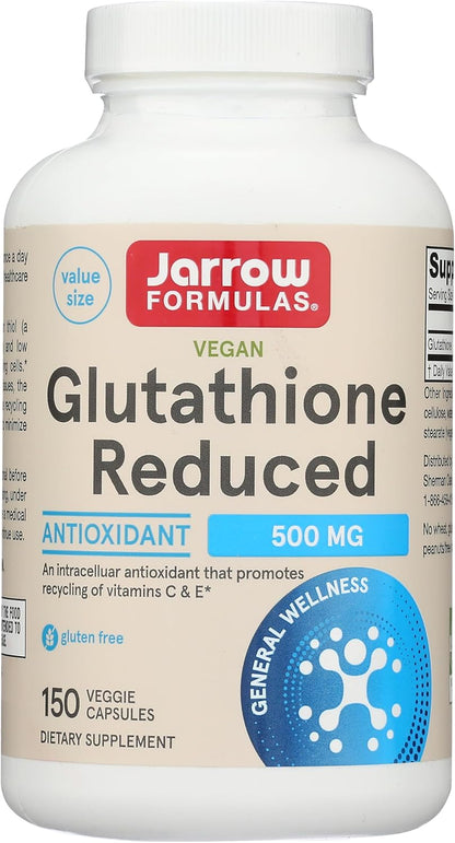Jarrow Formulae Glutathione Reduced 500 mg - 150 Veggie Capsules - Intracellular Antioxidant - Quality Glutathione Supplement - Supports Recycling of Vitamins C & E - Non-GMO - Gluten-free - Vegan