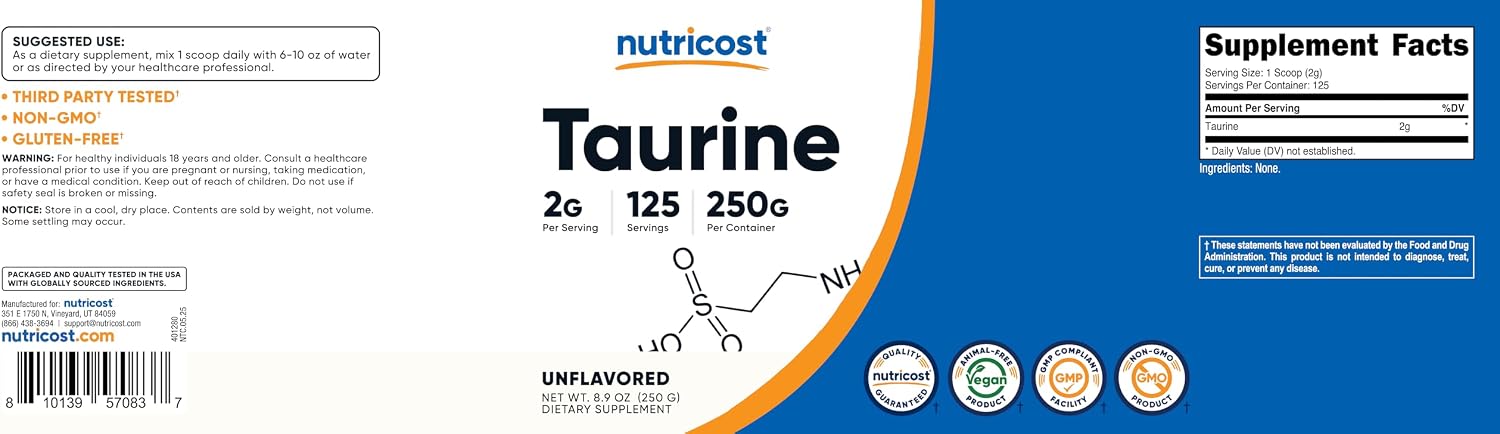 Nutricost Taurine Powder 250 Grams - 125 Servings, 2000mg Per Serving - görsel 6