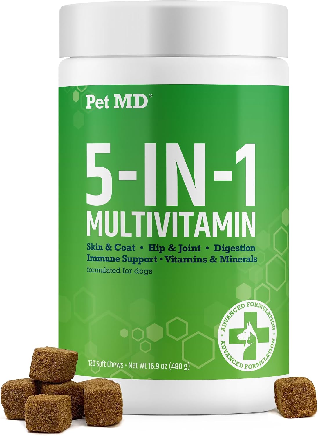 Pet MD 5in1 Dog Multivitamin - 30 Essential Vitamins & Nutrients for Skin & Coat, Hip & Joint, Digestion - Glucosamine, Omega-3-6-9, Probiotics (60 Soft Chews) - görsel 1