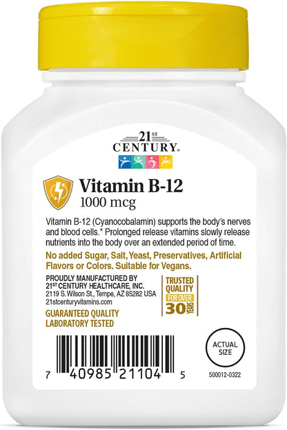 21st Century B12 1000 mcg Prolonged Release Tablets, Cyanocobalamin for Energy and Nerve Support, Gluten Free, 110 Tablets
