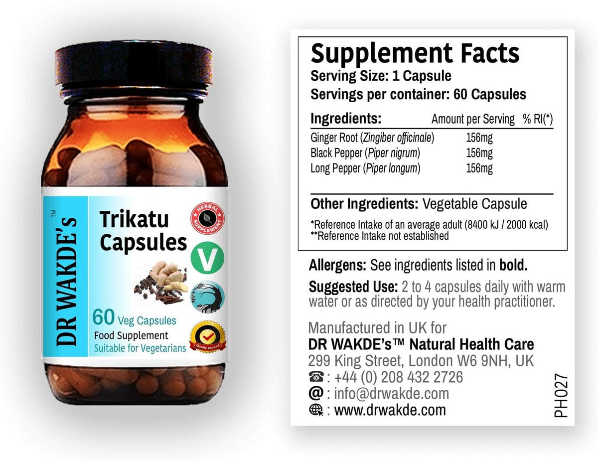 DR WAKDE'S Trikatu Capsules (60 Veg Caps, Plant-Based Supplement, Ayurvedic Herb, All Natural, Vegan) - görsel 1