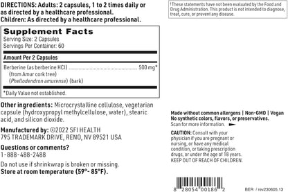 Klaire Labs SFI Health Berberine HCl 500mg - Berberine Supplement - Gluten-Free, Hypoallergenic (120 Capsules)