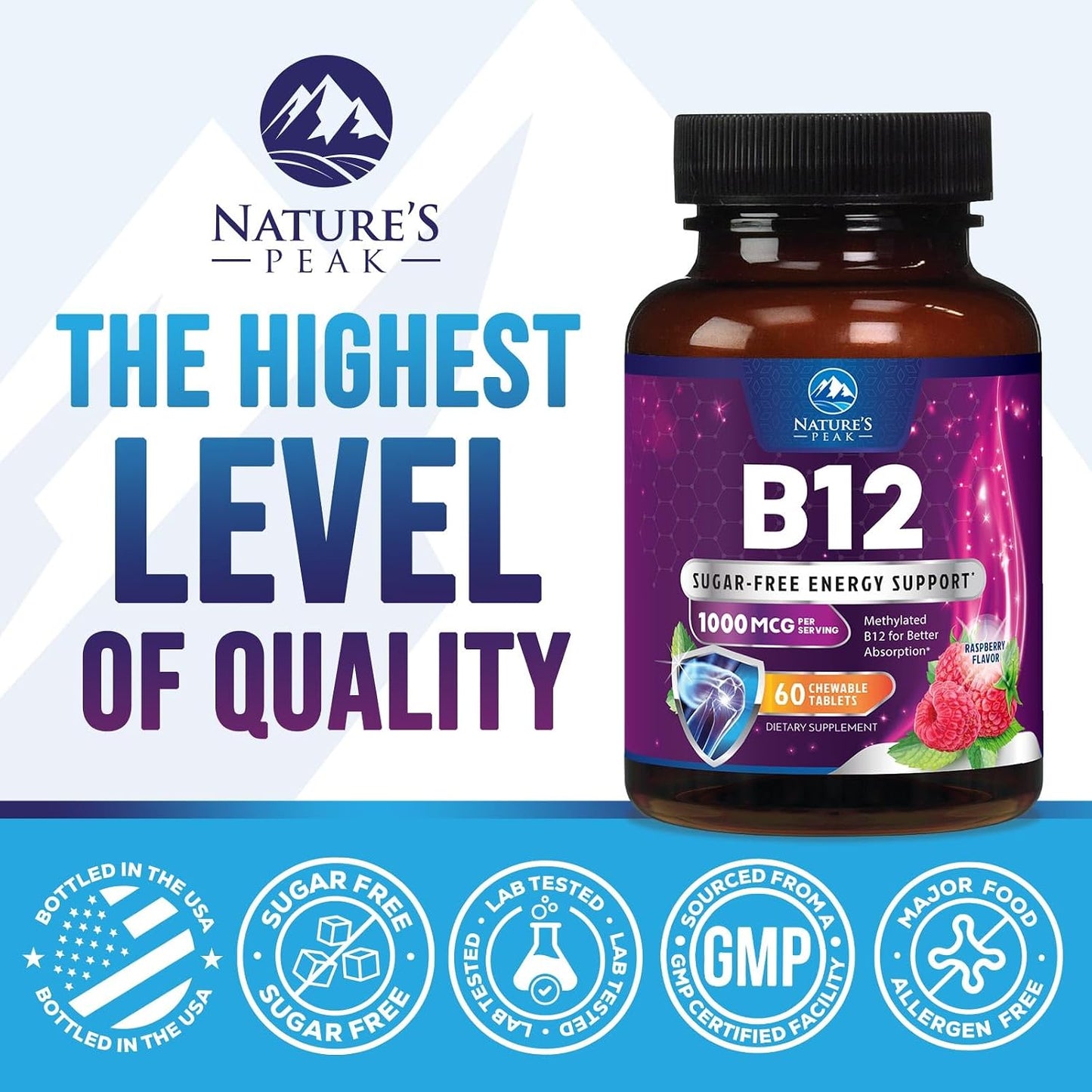 Nature's Peak Vitamin B12 Complex (Methylcobalamin) 1000 mcg - Chewable Tablets, Berry Flavour - 60 Tablets - görsel 4