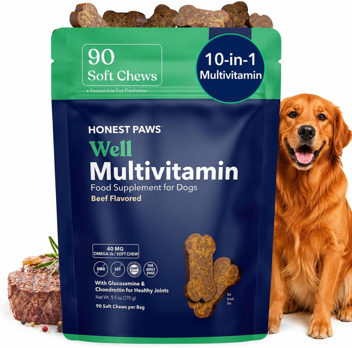 Honest Paws Dog Multivitamin Soft Chews - 90 Count - with 10 Essential Vitamins, Glucosamine, Chondroitin & Omega-3 - Beef Flavour - görsel 1