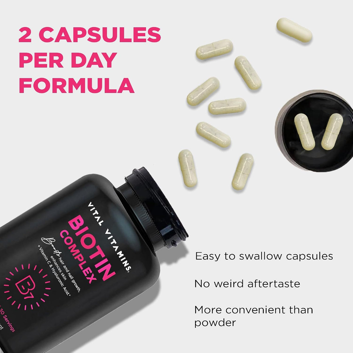 Vital Vitamins Biotin Complex Pills - with Hyaluronic Acid, MSM, Collagen, & Vitamin C - Supplement for Hair, Skin, & Nails - 60 Capsules - görsel 7