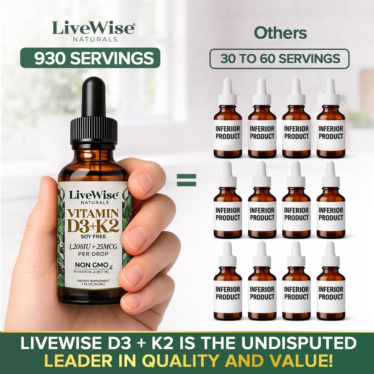 Live Wise Naturals Vitamin D3 & K2 Drops, 1208 IU D3 with 25 mcg K2 (MK-7), 930 Drops - görsel 2