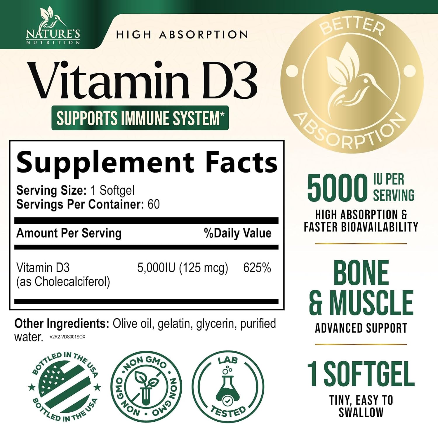 Nature's Nutrition Vitamin D3 5000 IU – High Strength Food Supplement, 60 Softgels - görsel 2