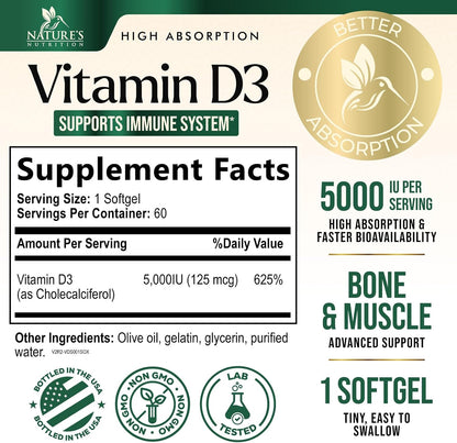 Nature's Nutrition Vitamin D3 5000 IU – High Strength Food Supplement, 60 Softgels