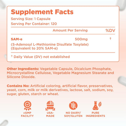 Clear Formulae Bioactive SAM-e 500mg - High Strength SAM-e Supplement with Biologically Active S,S Form for Liver and Mood Support - Vegan Non-GMO Preservative Free - Made in the USA (120 Servings)