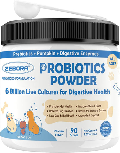 ZEBORA Probiotics for Dogs - Probiotic Powder with Pumpkin, Prebiotics & Enzymes, 6 Billion CFUs, Chicken Flavour (90 Scoops)